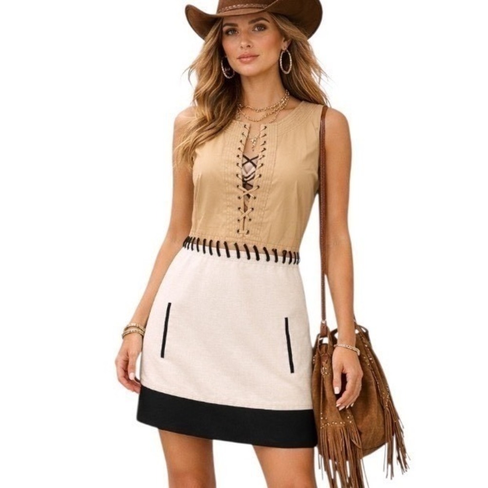 Barbara Bui Womens Lace Up  Mini Dress Tan Cream Black Whipstitch Pocket 10/12